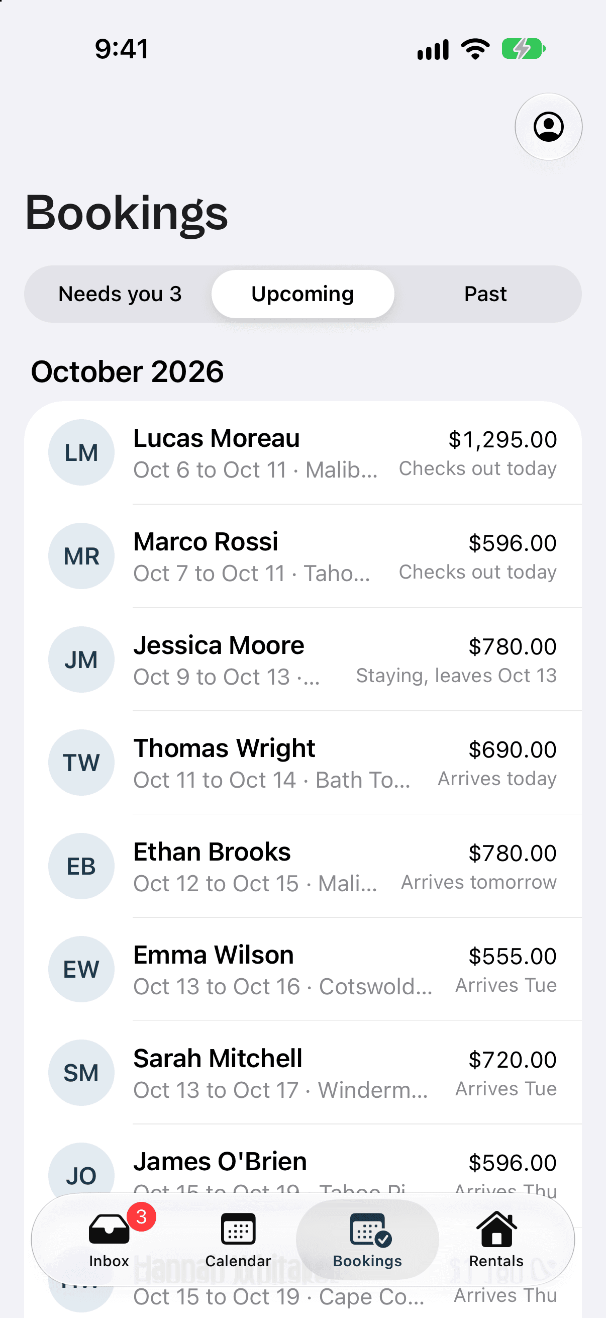 The RentalBeam app's Bookings list on Upcoming: each stay with its dates, its total and whether the guest arrives or leaves today, tomorrow or later