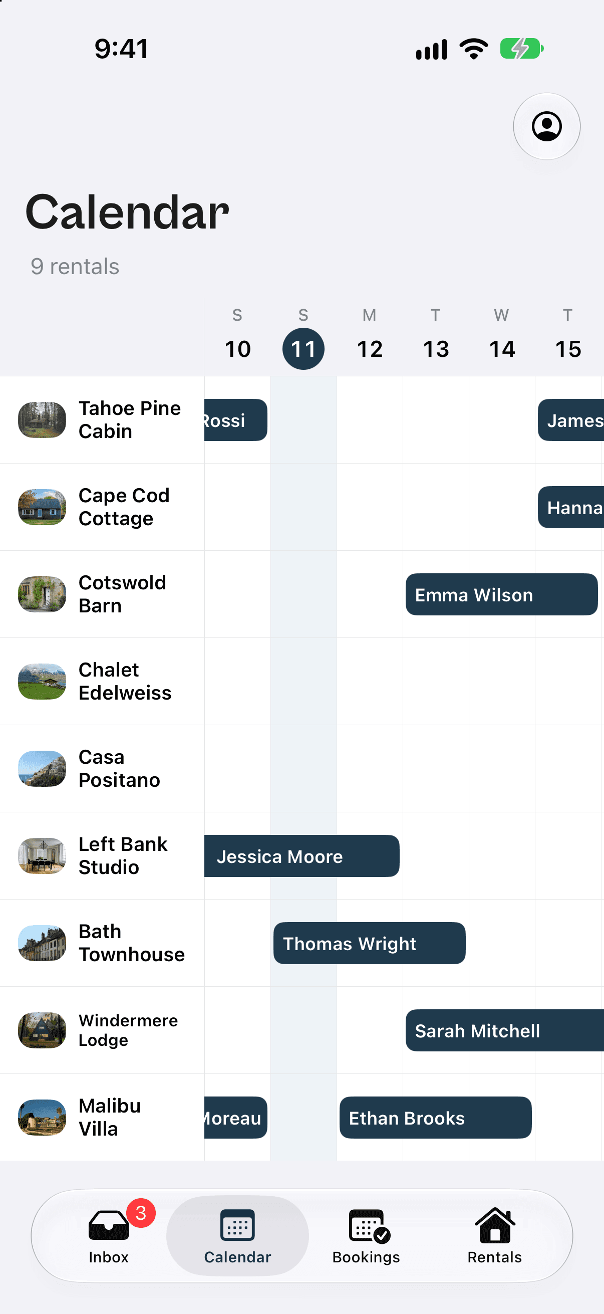 The RentalBeam app's Calendar board: nine rentals in rows, each guest's stay drawn as a bar across its nights