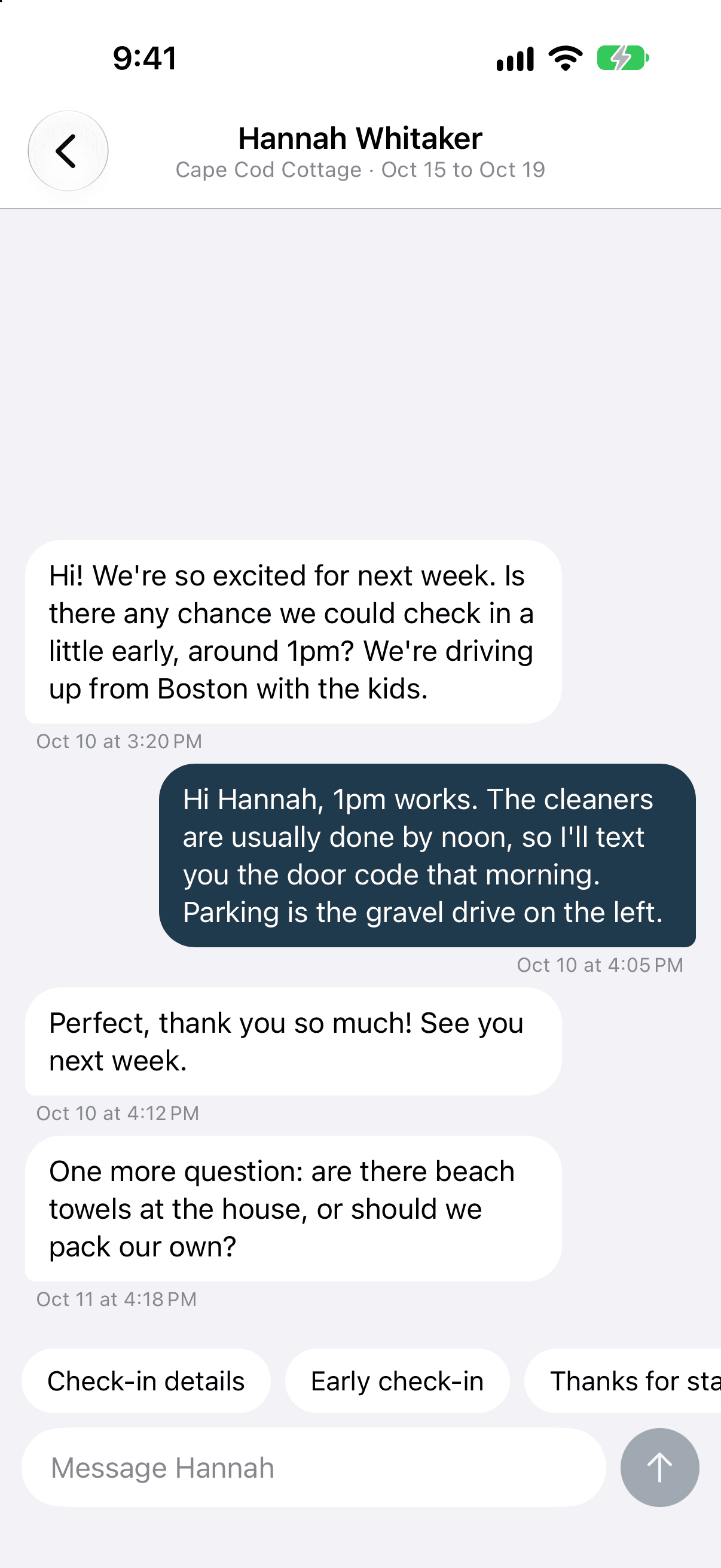 A conversation with a guest in the RentalBeam app: their messages, your reply, and saved replies above the keyboard