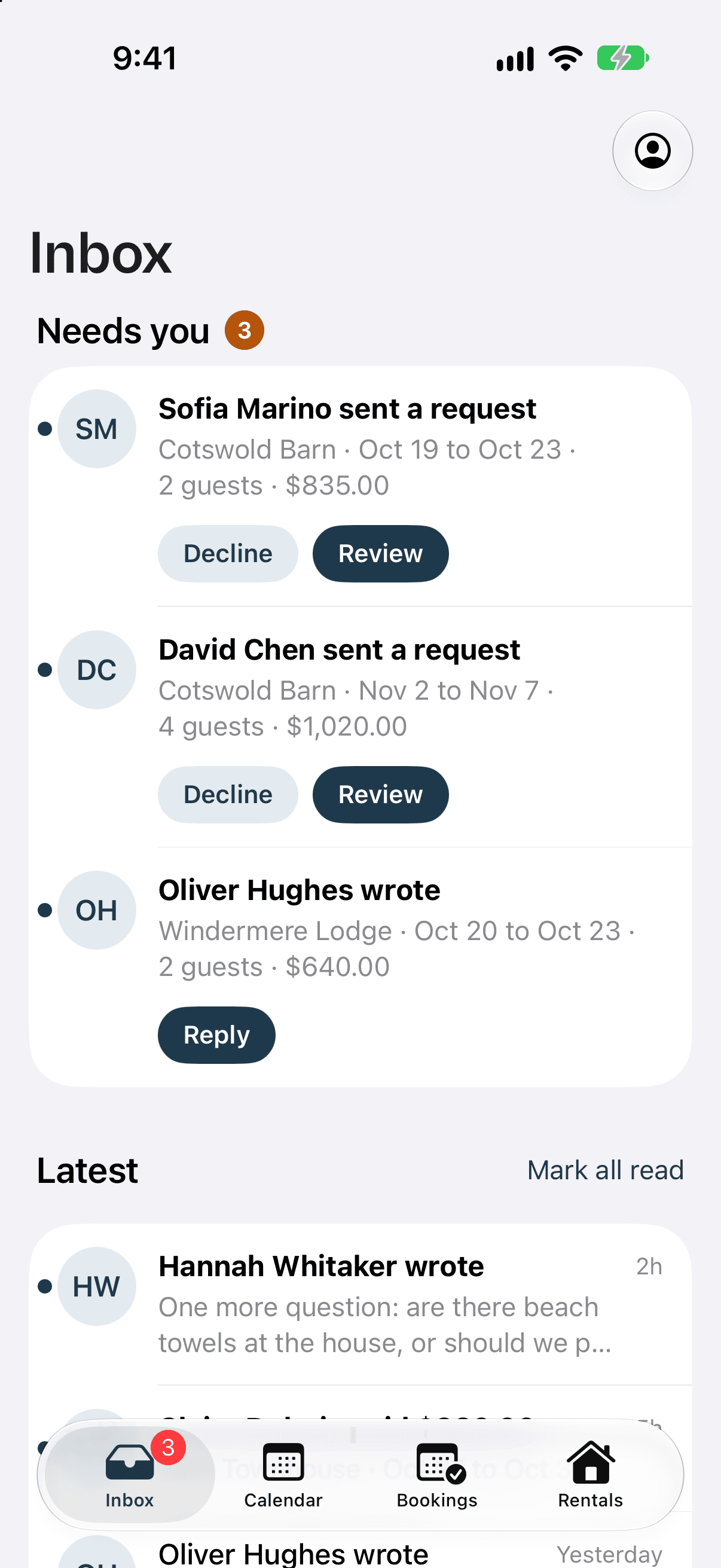 The RentalBeam app's Inbox on an iPhone: two booking requests waiting for an answer and a message from a guest