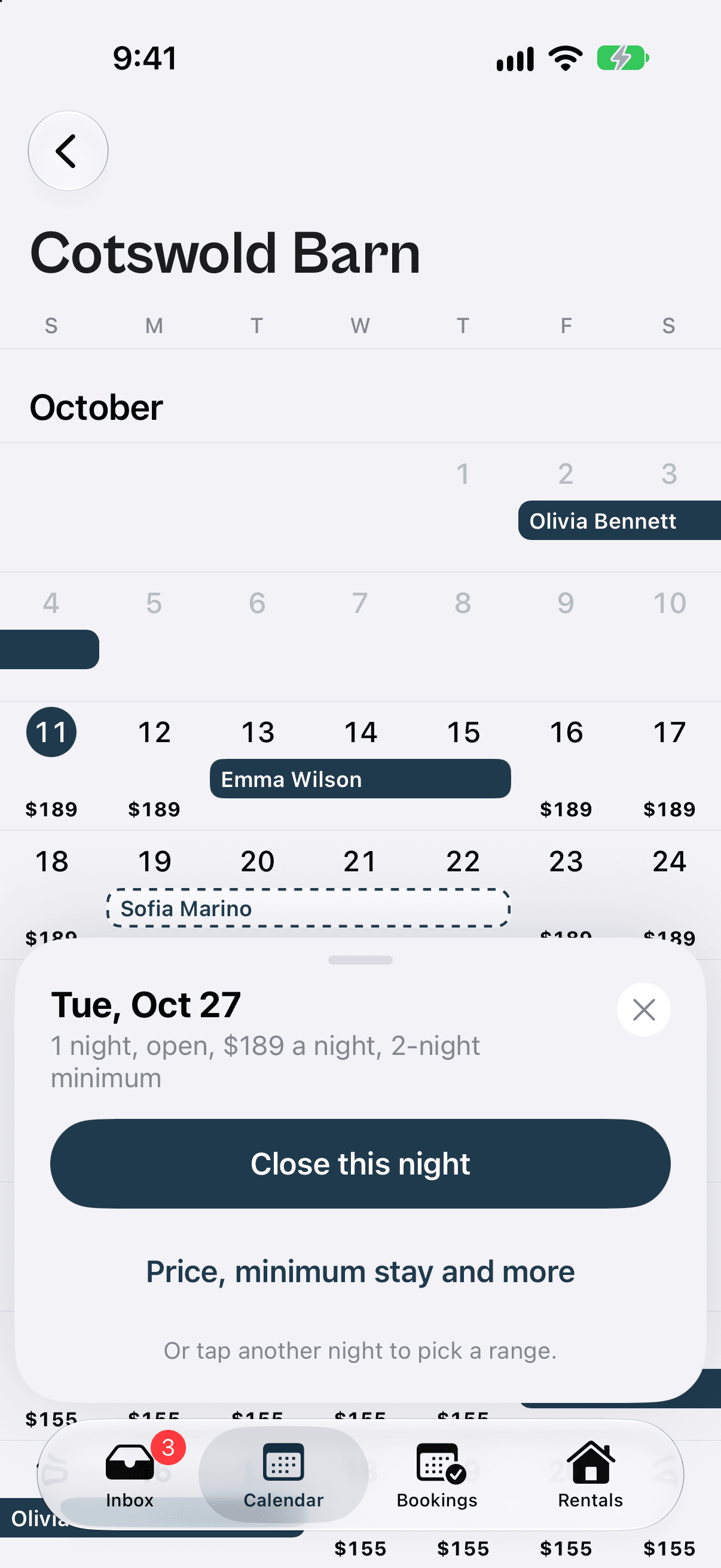One rental's months in the RentalBeam app, with a night chosen and a sheet offering Close this night and Price, minimum stay and more