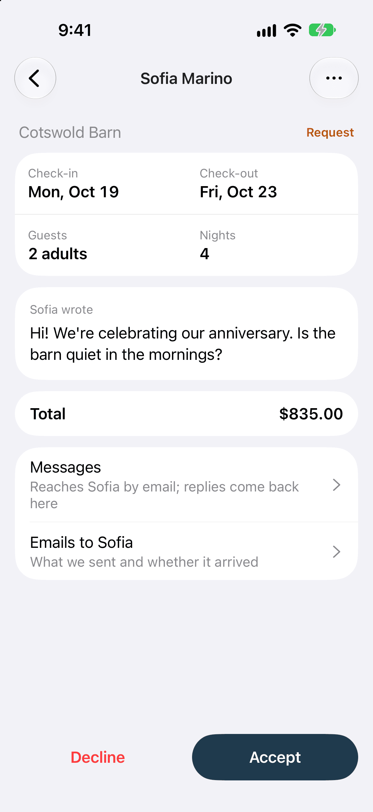 A booking request open in the RentalBeam app: the guest, the dates, the guests and nights, what the guest wrote and the total, with Decline and Accept buttons