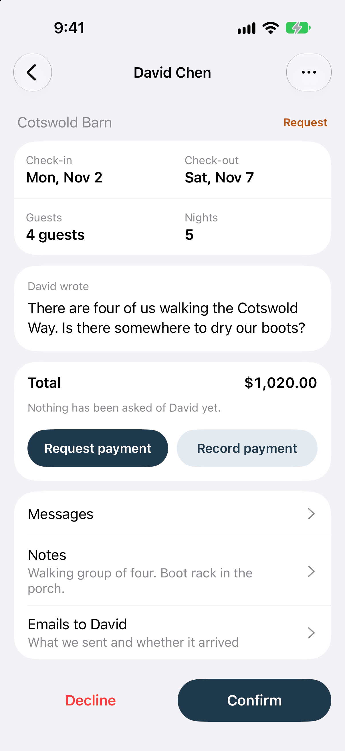 A booking request open in the RentalBeam app: the guest, the dates, the guests and nights, what the guest wrote and the total, with Decline and Confirm buttons