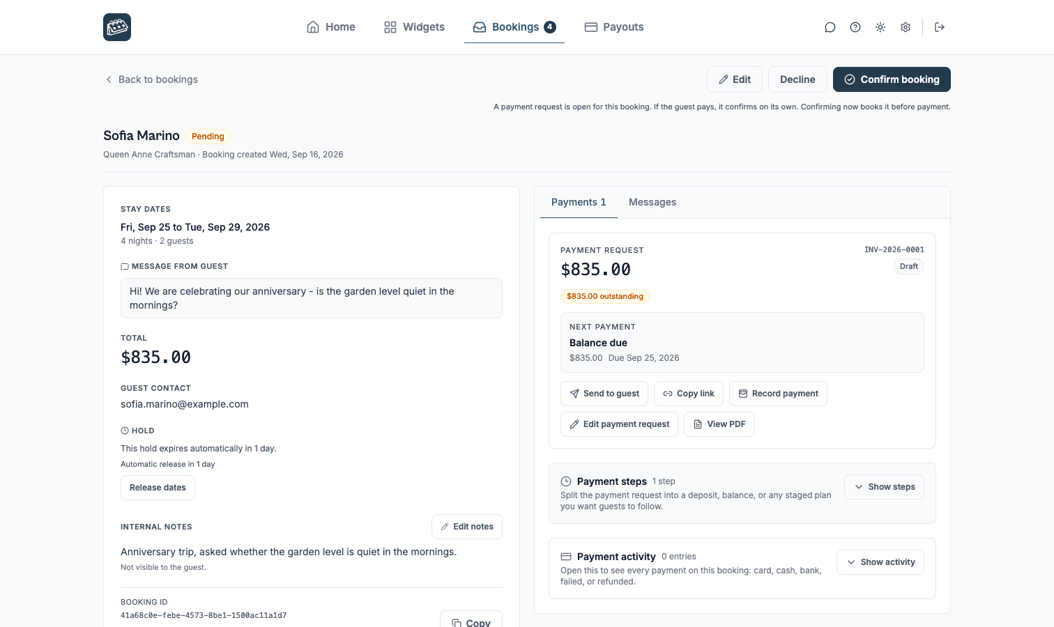 A booking's Payments pane in the dashboard: the payment request sent to the guest, its amount and status, and the secure link