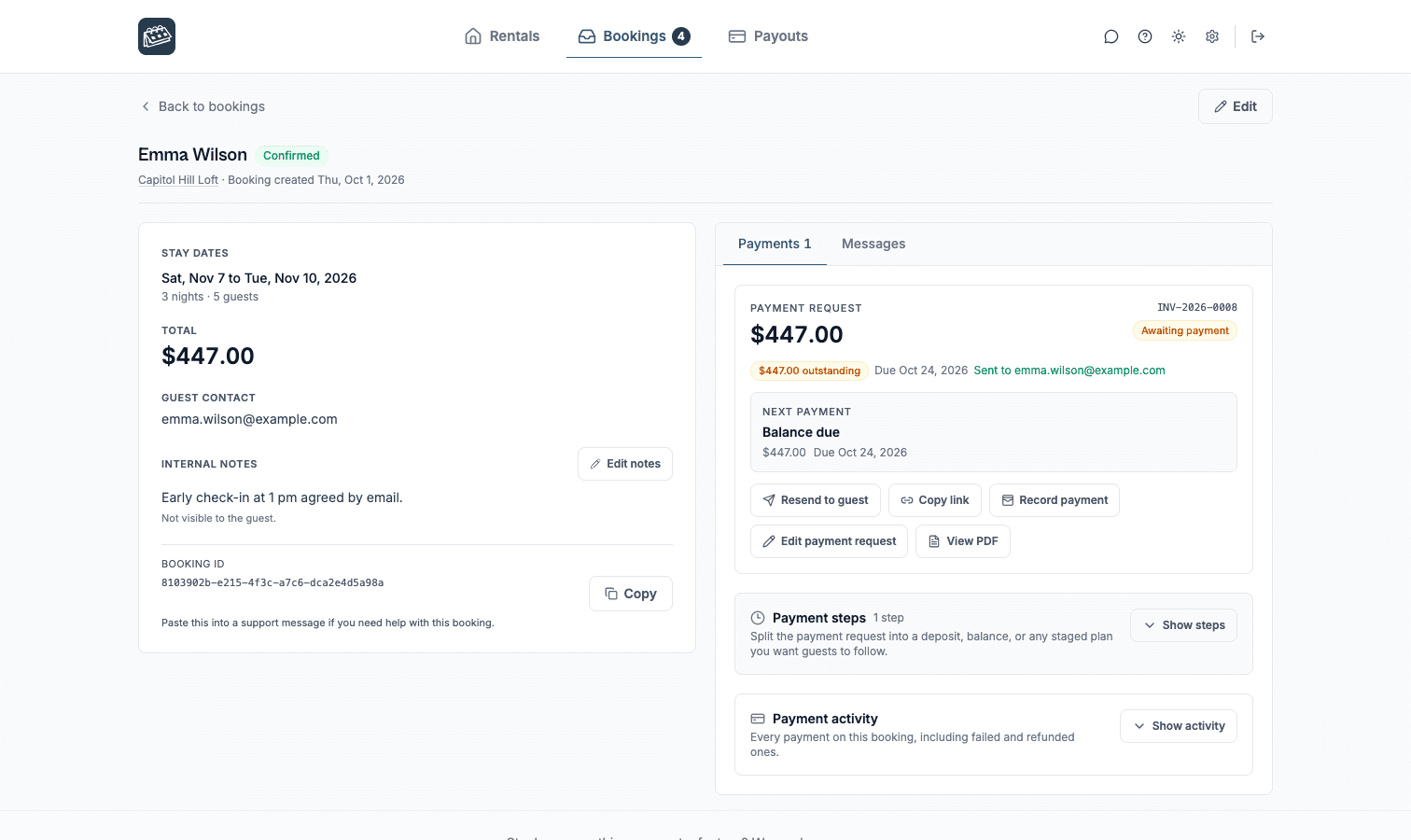 A booking's Payments pane in the dashboard: the payment request sent to the guest, its amount and status, and the secure link