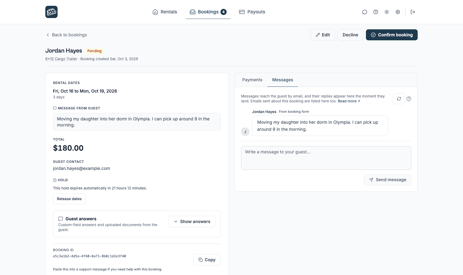 A trailer rental request open in the dashboard: the rental dates, days, the total, and Confirm booking and Decline buttons