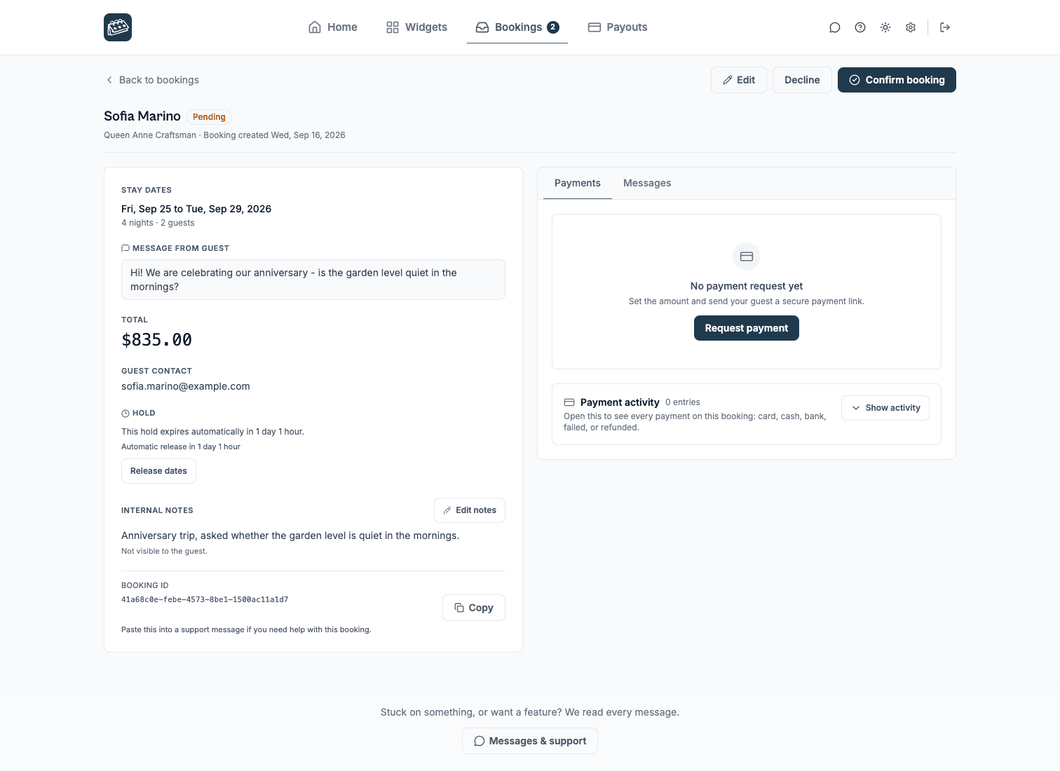 A booking request open in the dashboard, with the guest, dates and total, and Approve and Decline buttons