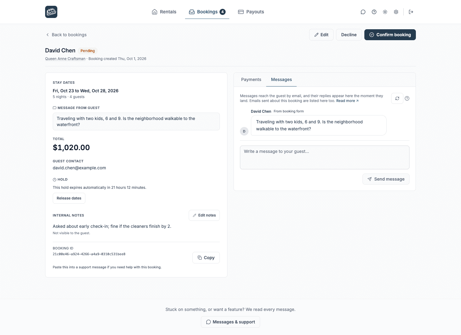A booking request open in the dashboard, with the guest, dates and total, and Confirm booking and Decline buttons