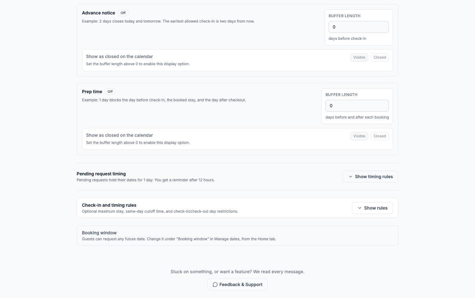 The Availability tab of booking settings, showing advance notice, prep time, check-in rules, the booking window, and pending request timing