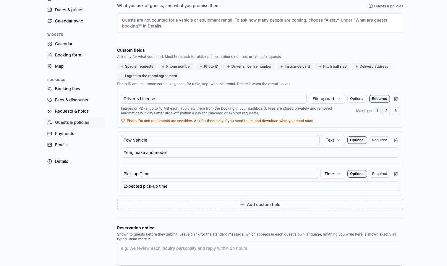 The Guests & policies section for a trailer: a driver license upload, the tow vehicle, and a preferred pick-up time