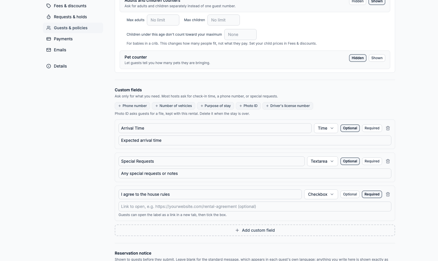 A rental's Guests & policies section: an arrival time choice, a free-text question and a house-rules checkbox the guest fills in
