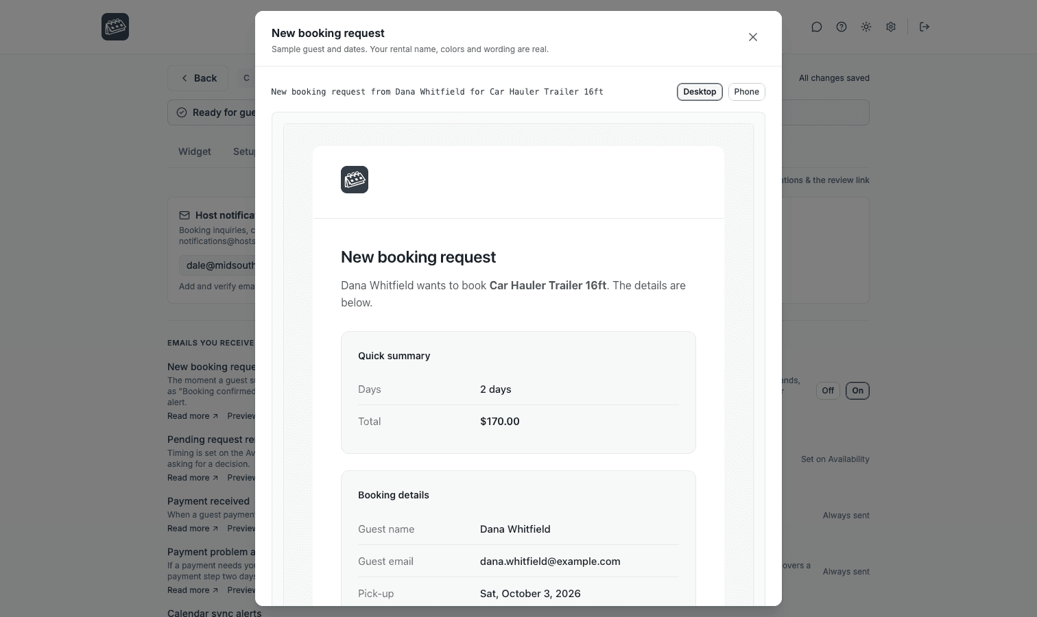 The Emails tab of RentalBeam booking settings, with a Preview link beside each guest email