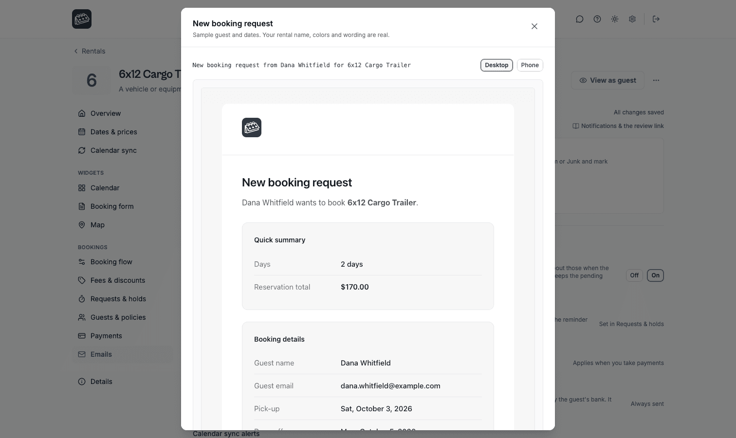 The email preview dialog opened from the Emails section: the subject line, a Desktop and Phone width toggle, and the New booking request email rendered with the rental's own name