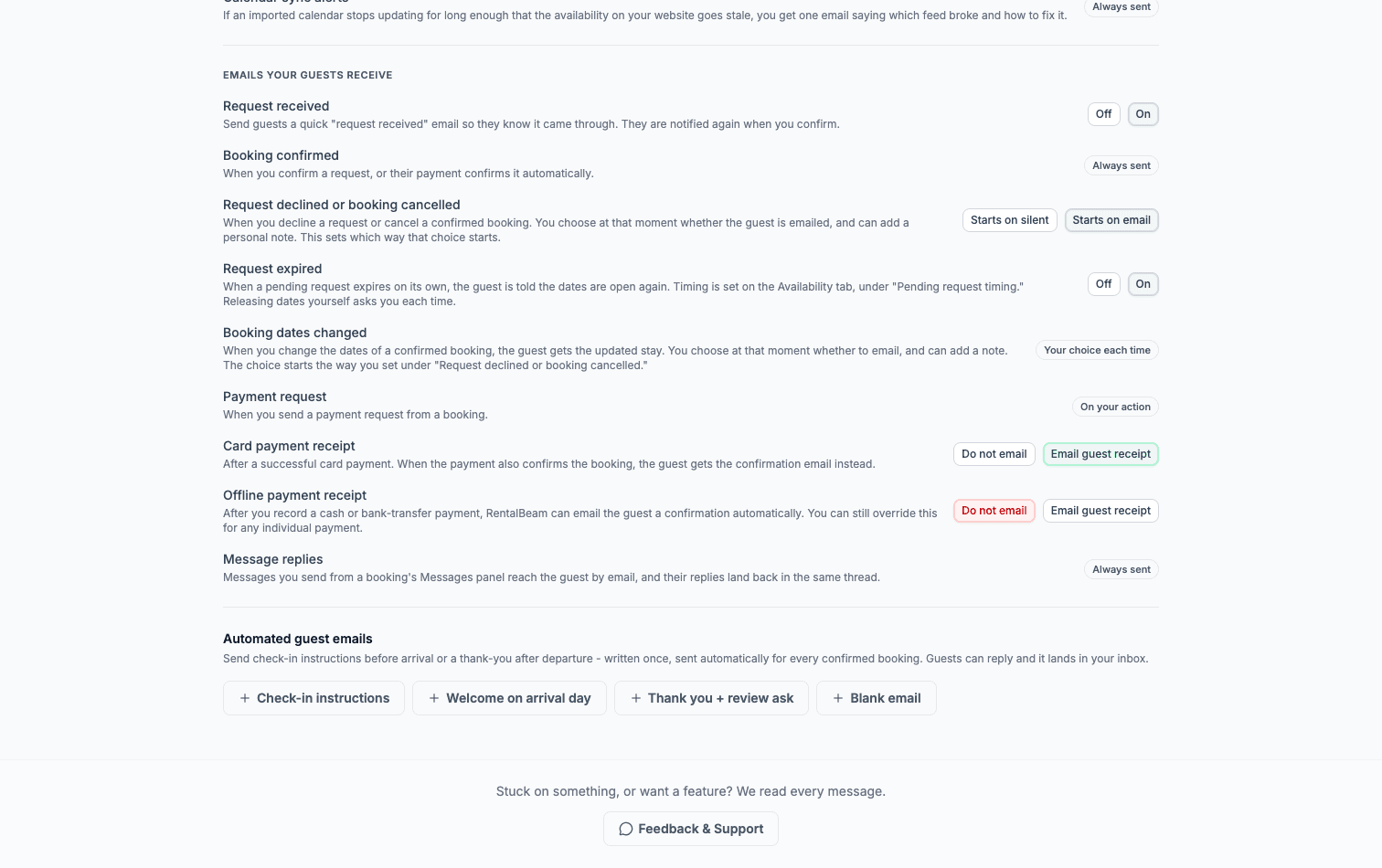 The Emails tab of booking settings listing every guest email: request received, confirmed, declined or cancelled, expired, dates changed, payment emails, and message replies