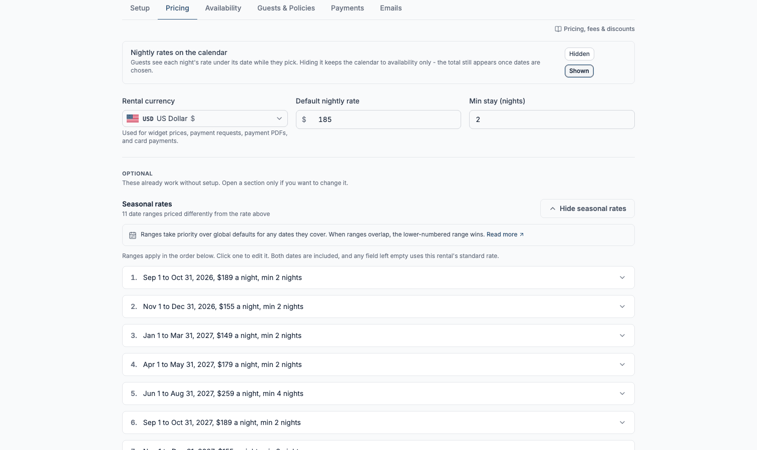 The booking settings pricing tab: seasonal rates, a cleaning fee and a discount rule