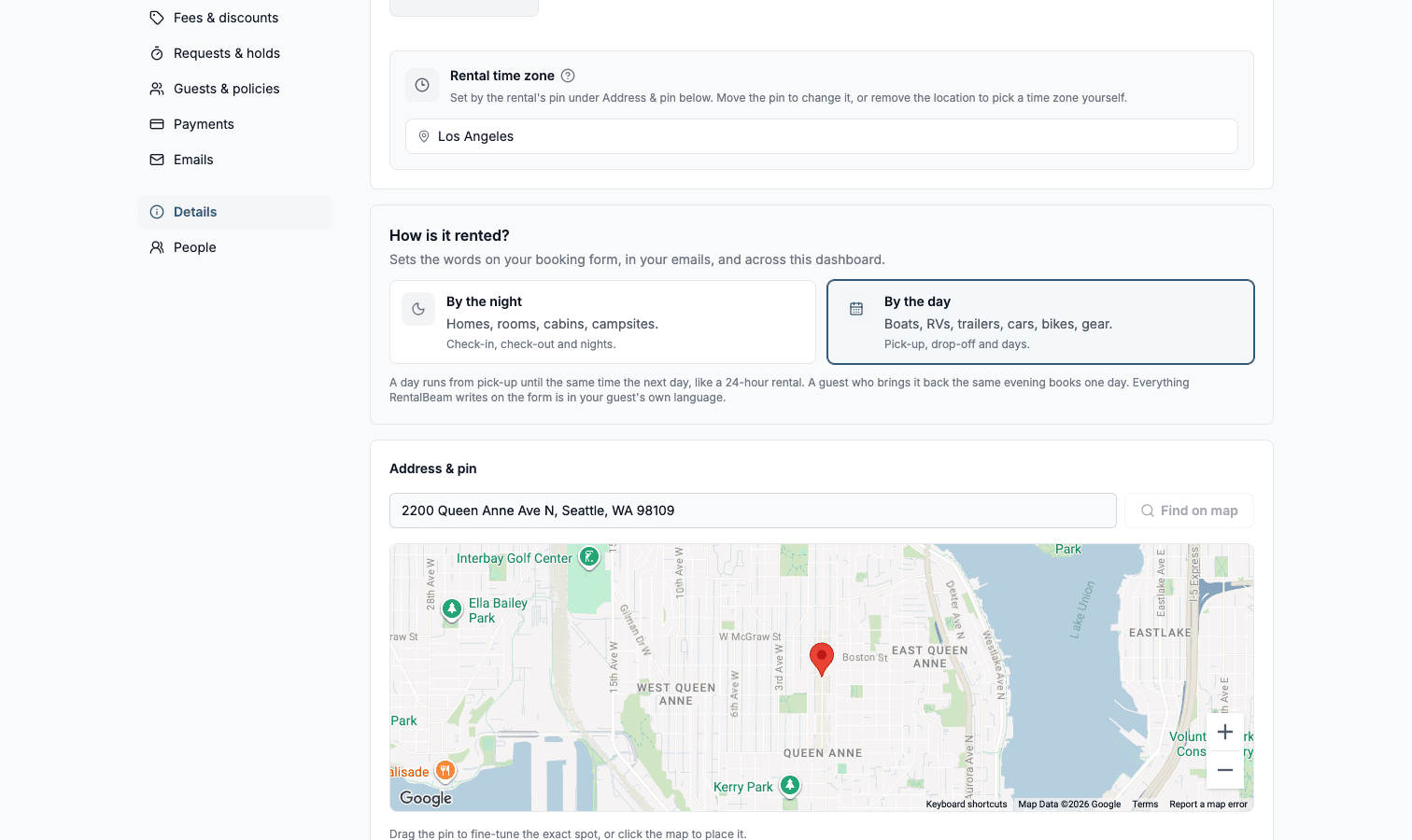 The Details page of a RentalBeam rental, with A vehicle or equipment chosen under What are guests booking