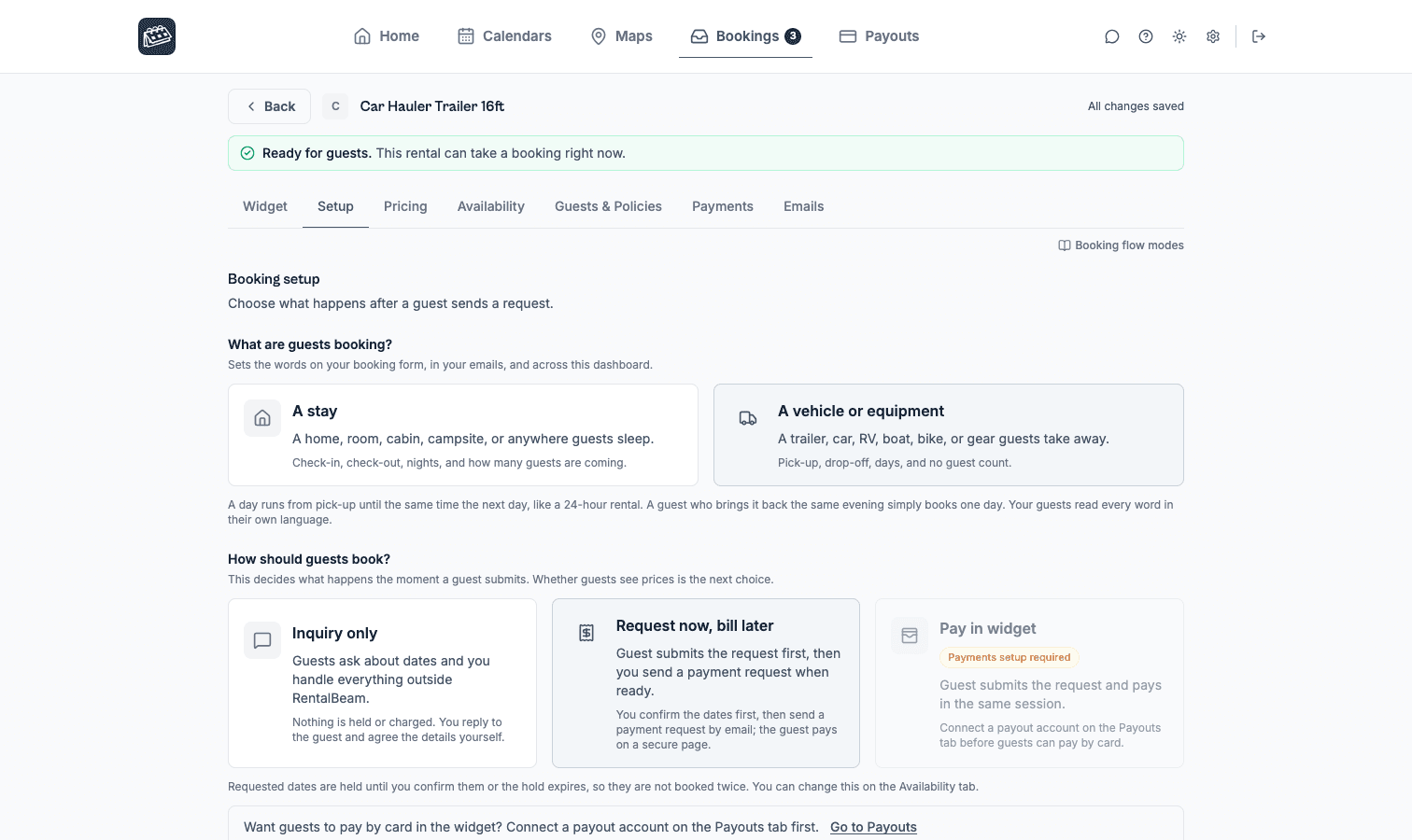 The booking settings Setup tab with the two cards under What are guests booking: A stay, and A vehicle or equipment, with the vehicle card selected and the 24-hour day note under it