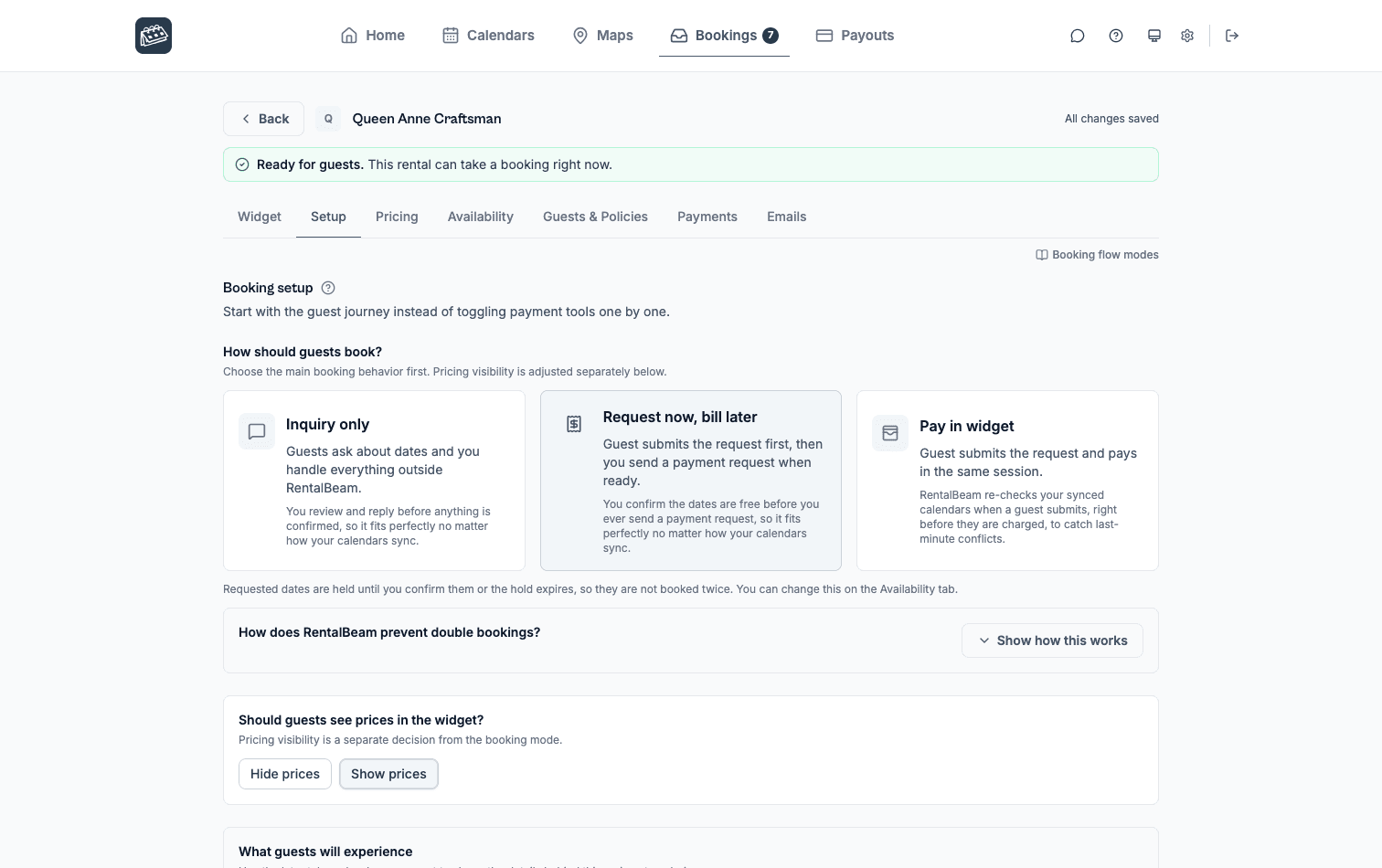 The Booking Settings Setup tab showing the three booking mode cards - Inquiry only, Request now bill later, and Pay in widget - plus the pricing visibility toggle