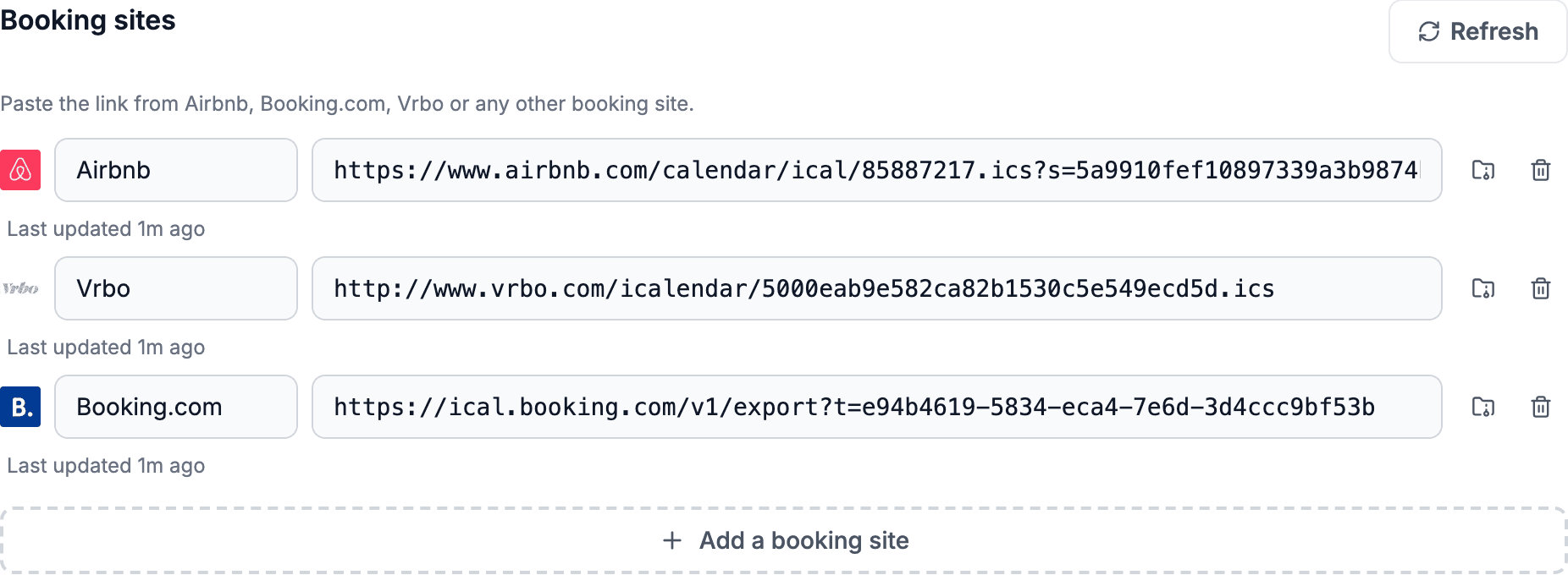A rental's Booking sites section: Airbnb, Booking.com and Vrbo calendars coming in, and the RentalBeam link going back out