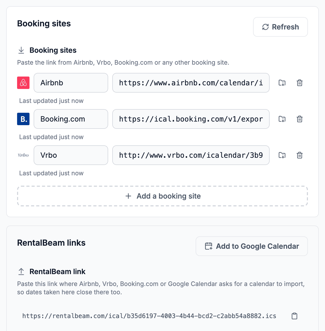 A rental's Booking sites section: Airbnb, Booking.com and Vrbo calendars coming in, and the RentalBeam link going back out