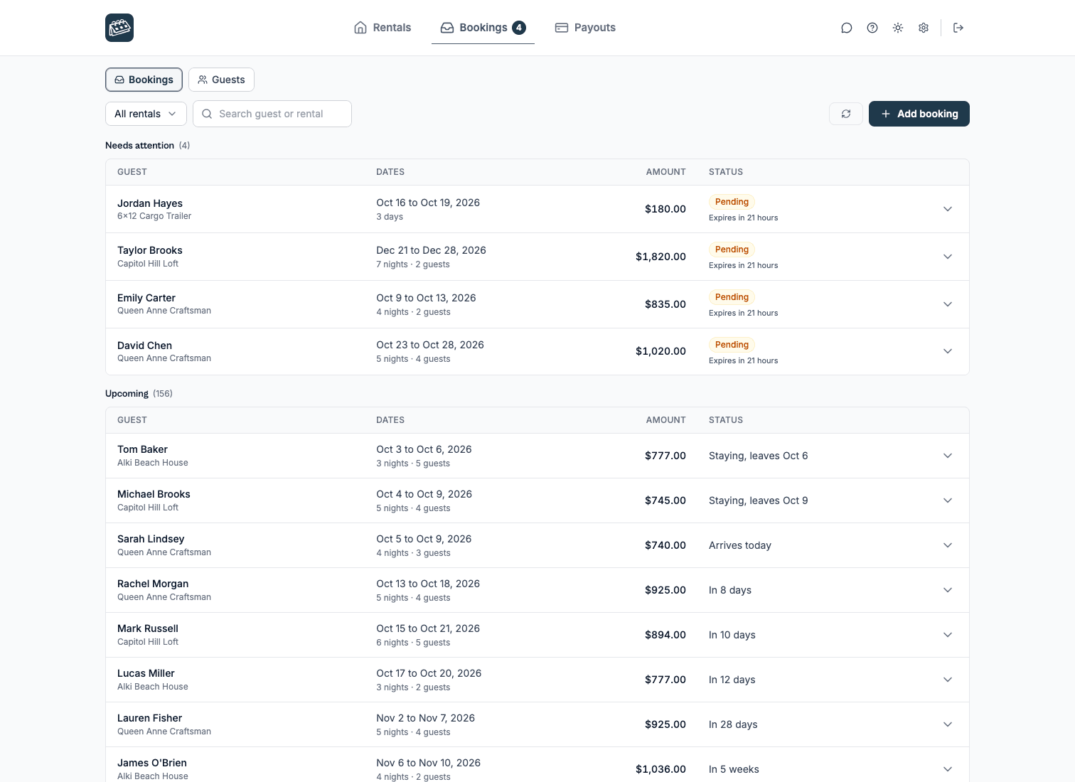 The Bookings tab: requests that need an answer first, then the upcoming stays across every rental