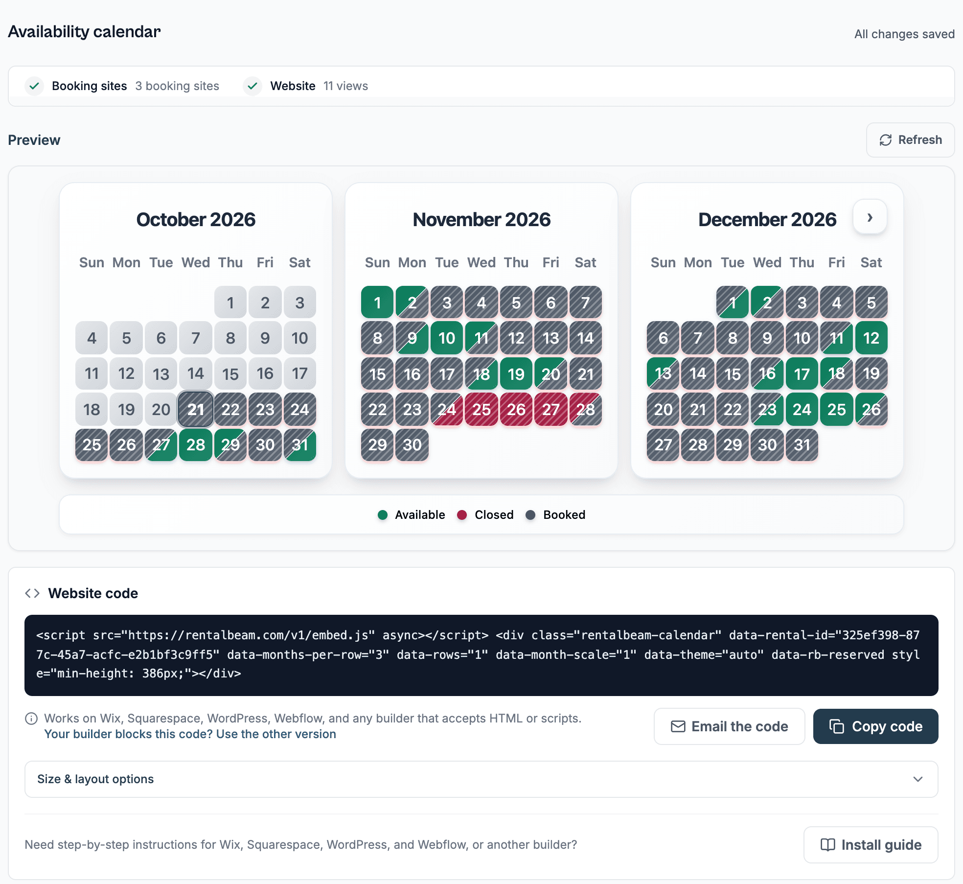 A rental's Availability calendar section: a live three-month preview, then its website code with Copy code
