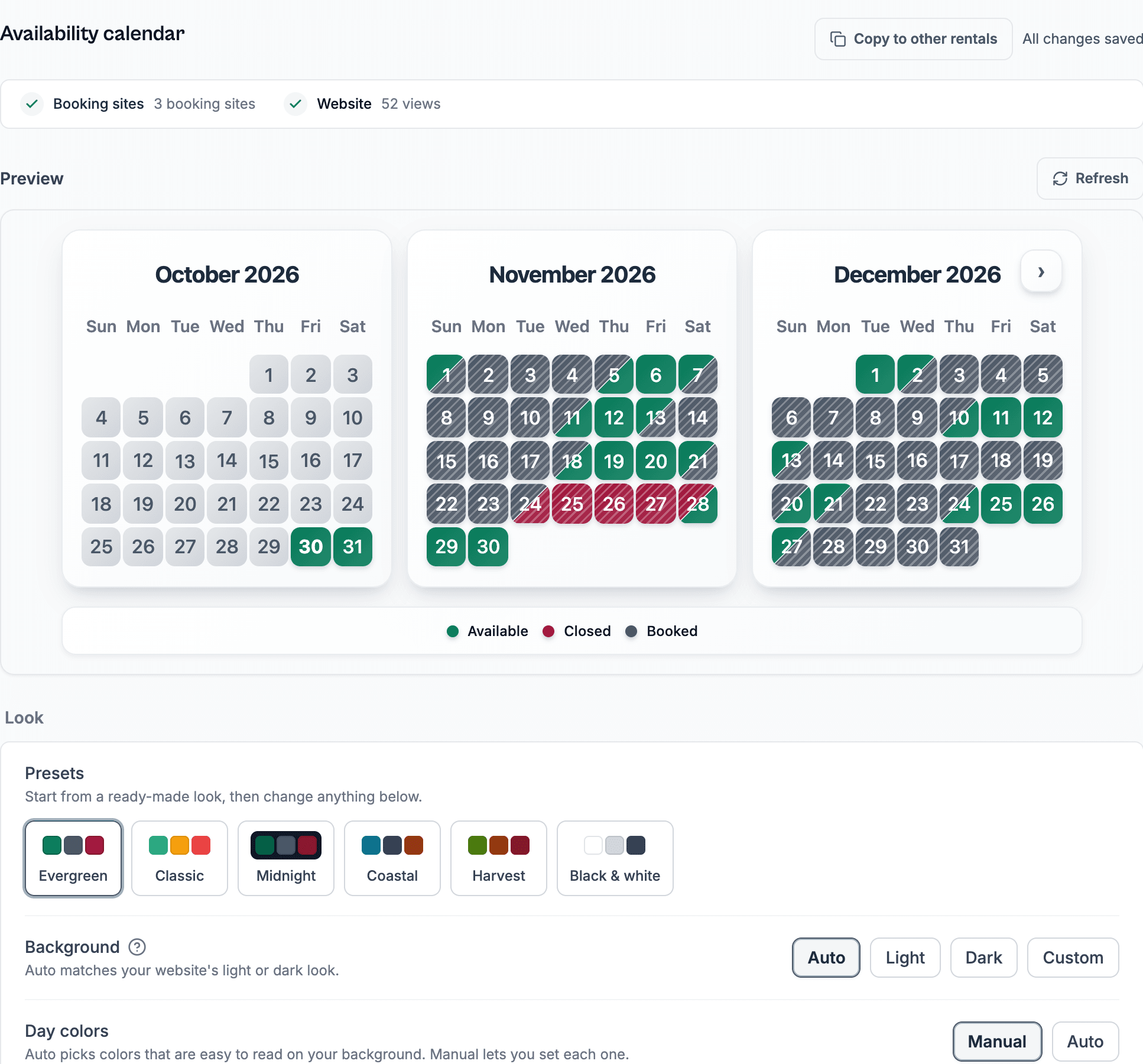 A rental's Availability calendar section: a live three-month preview, then its website code with Copy code