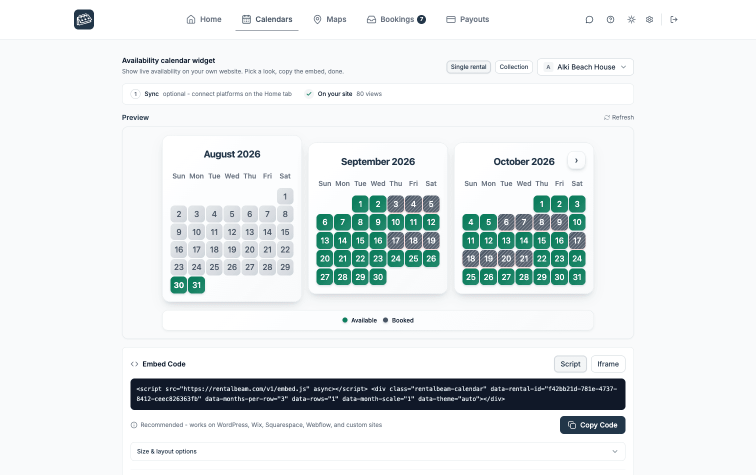 The dashboard Calendars tab showing a live three-month availability preview with open dates in green and booked dates struck through
