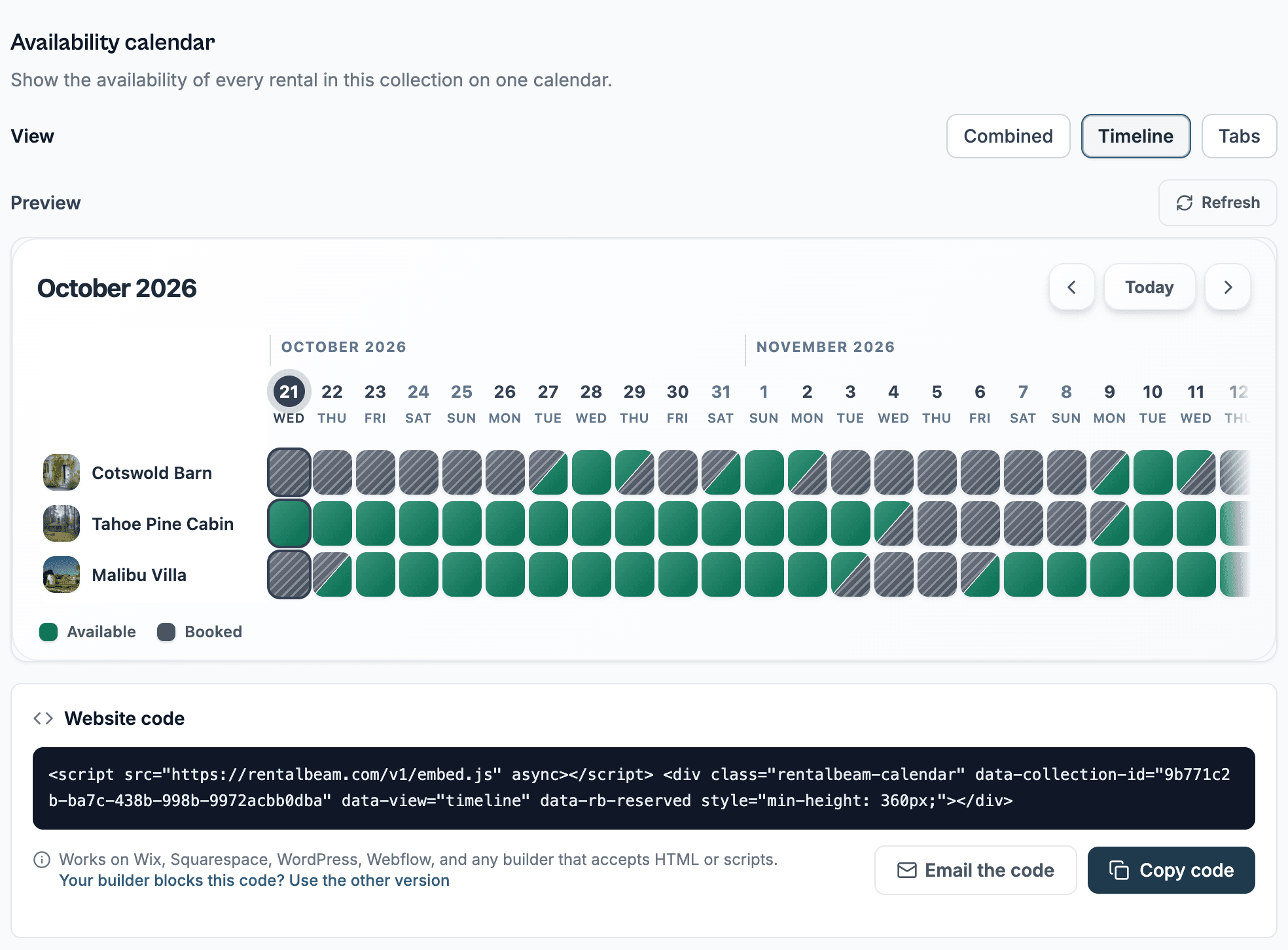 A collection's Availability calendar section: the timeline view with one row per rental and its photo, then its website code