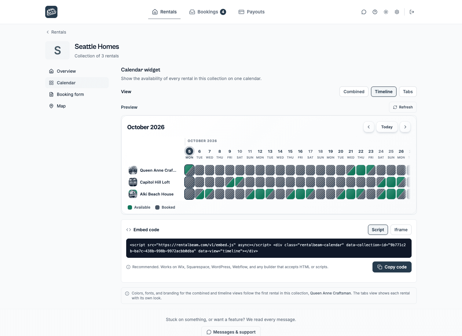 A collection's Calendar widget section: the timeline view with one row per rental and its photo