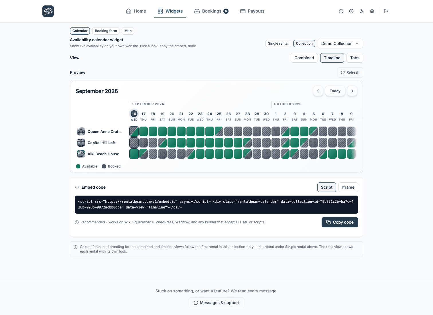 The Widgets tab calendar builder for a collection: the timeline view with one row per rental and its photo