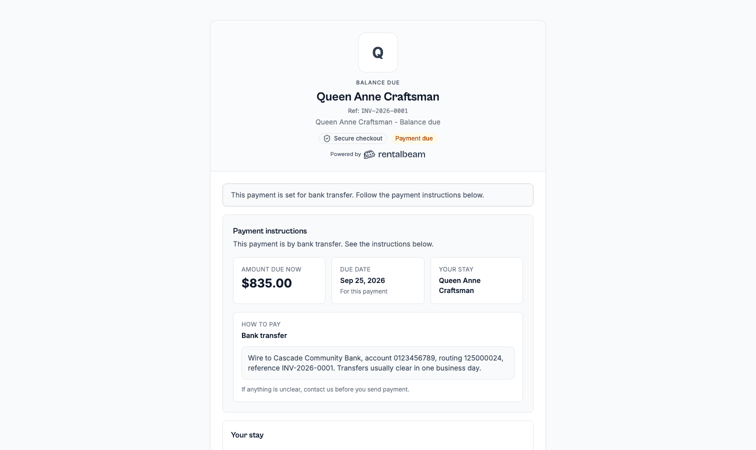 The guest payment page: the stay, the amount due and the card form, under the host's own name