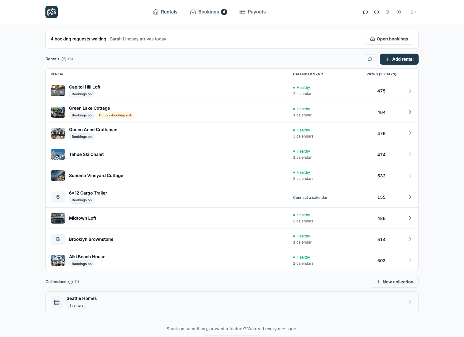 The Rentals list: nine rentals, each with its calendar sync status and its widget views