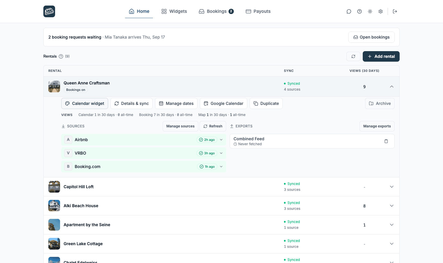 The dashboard Home tab with one rental expanded: Airbnb, VRBO and Booking.com sources each marked synced, and the combined export feed beside them