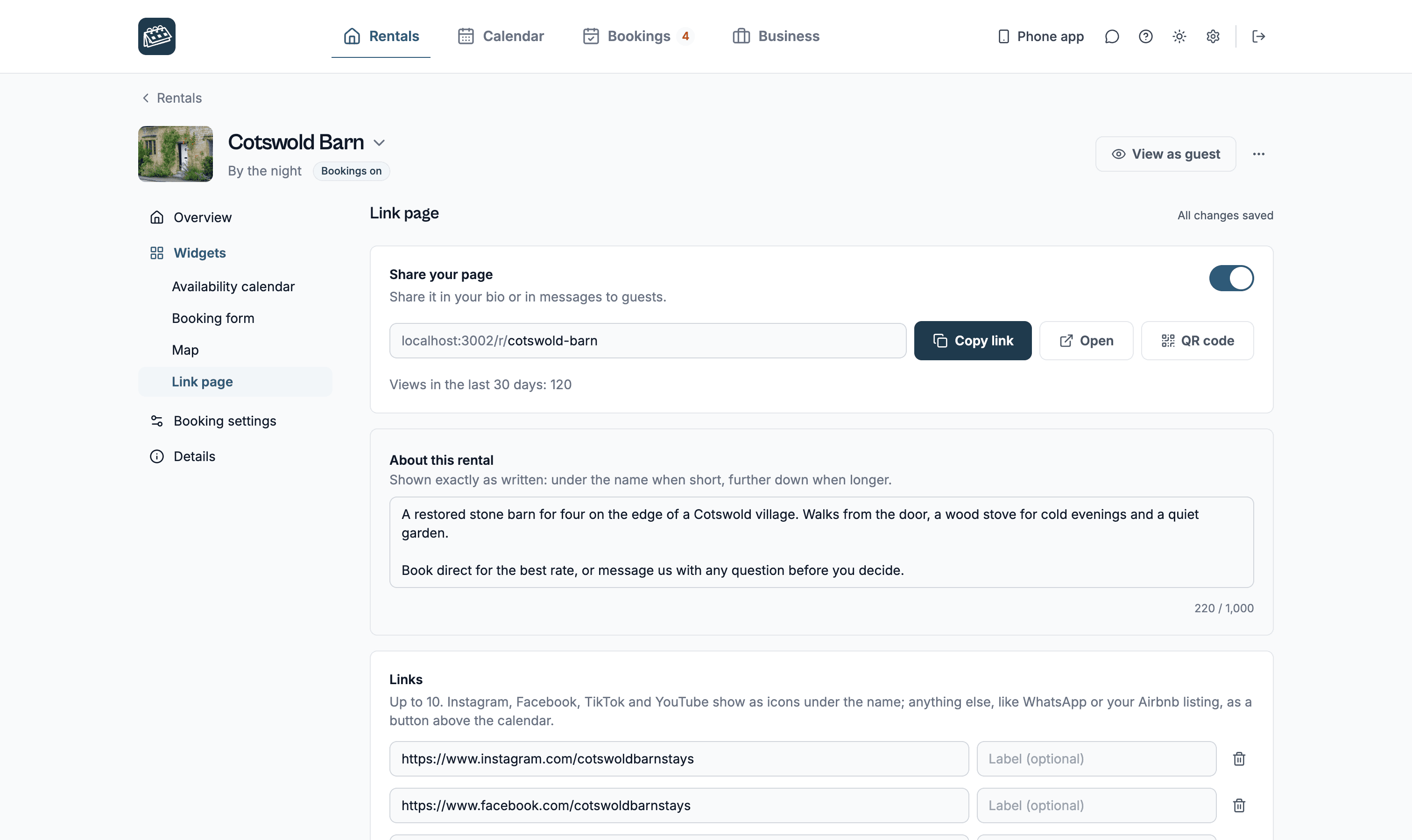 A rental's Link page section: Share your page set to On with its address, Copy link and Open, About this rental and Links