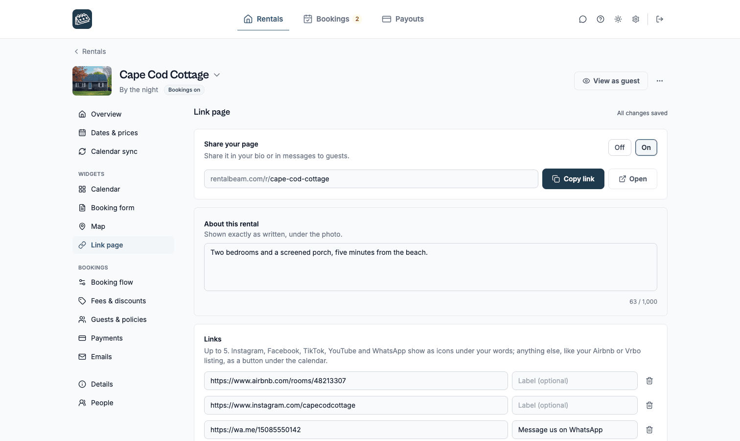 A rental's Link page section: Share your page set to On with its address, Copy link and Open, About this rental and Links