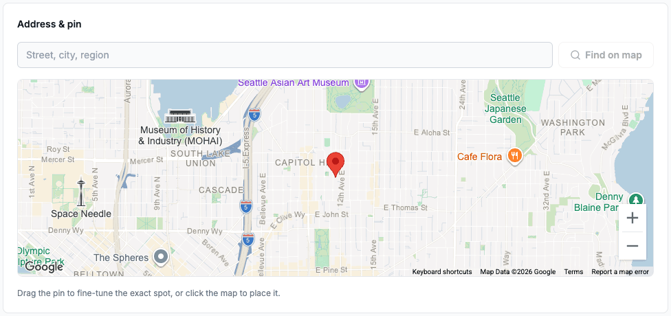The Address & pin card in a rental's Details: an address search field and a map with a draggable pin