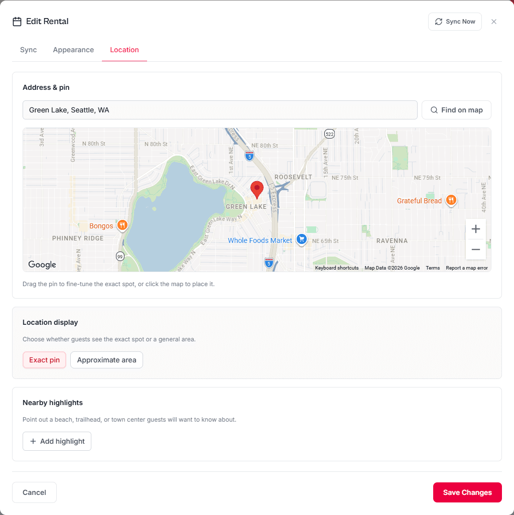 The Location tab of a rental's settings, showing the address search field, a draggable pin on the map, exact vs. approximate area display, and nearby highlights