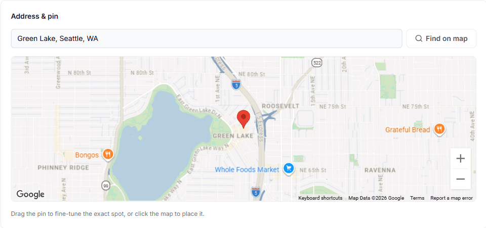 The Location tab of a rental's settings, showing the address search field, a draggable pin on the map, exact vs. approximate area display, and nearby highlights