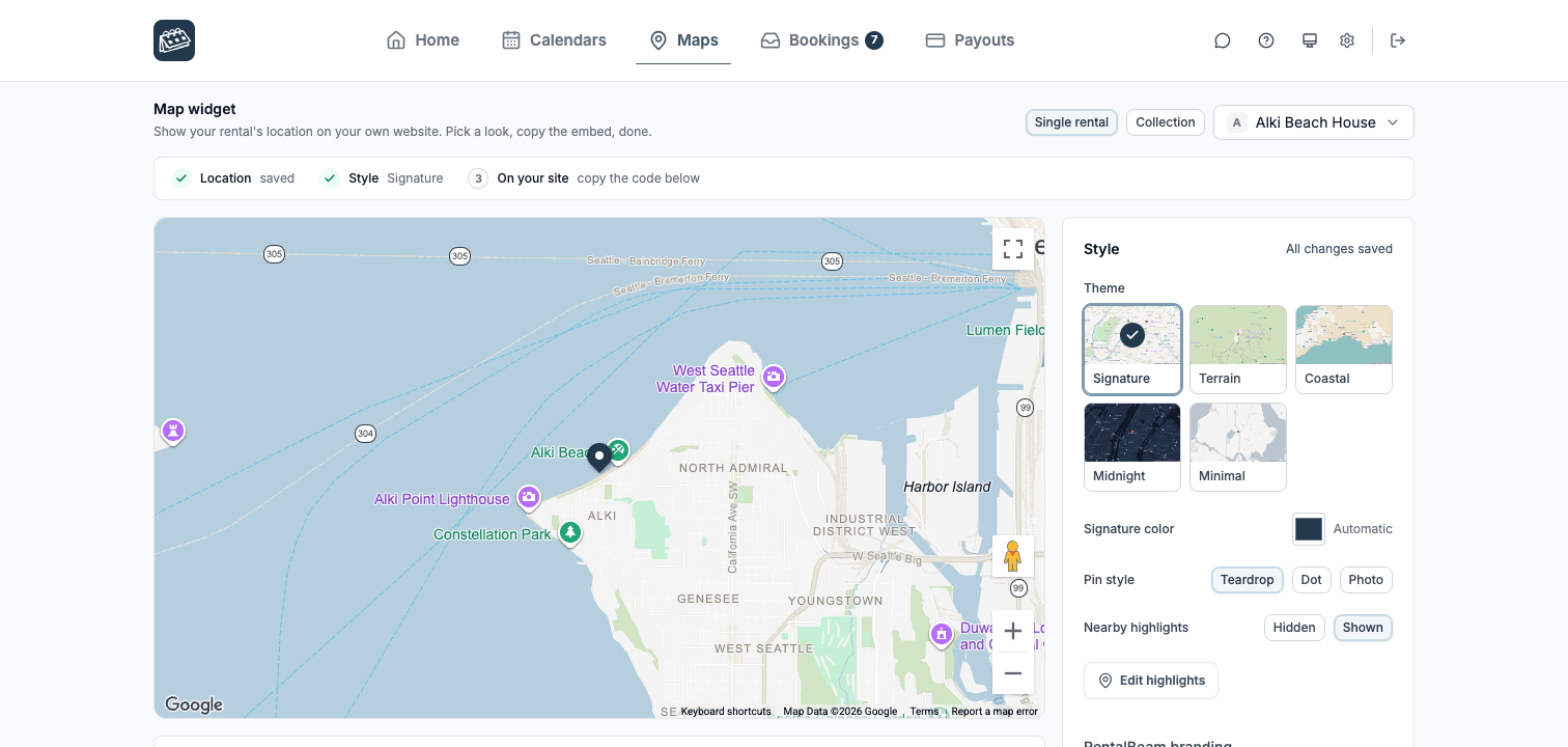 RentalBeam dashboard Widgets tab showing a live map preview with theme and pin style controls