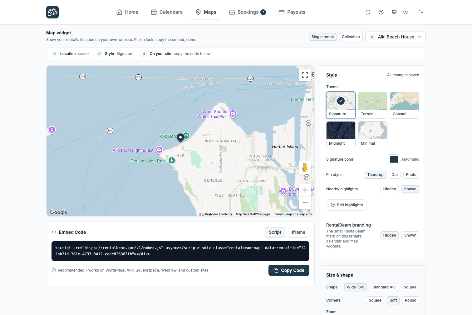 The map builder showing a live map preview beside theme, pin style, nearby highlights, and size and shape controls, with the ready-made embed code below