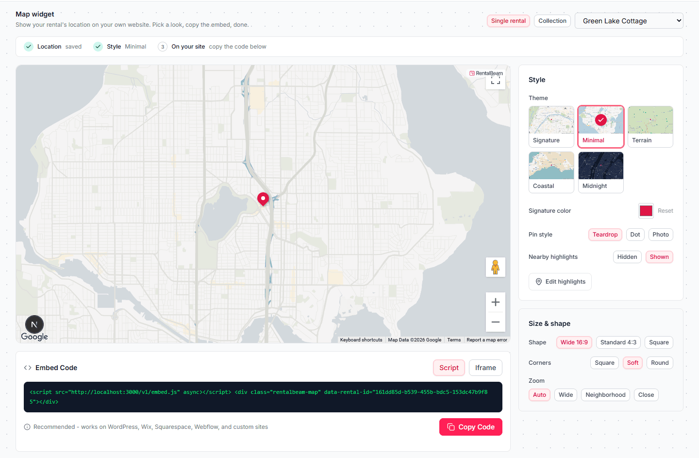 The Maps tab builder showing a live map preview beside theme, pin style, nearby highlights, and size and shape controls, with the ready-made embed code below