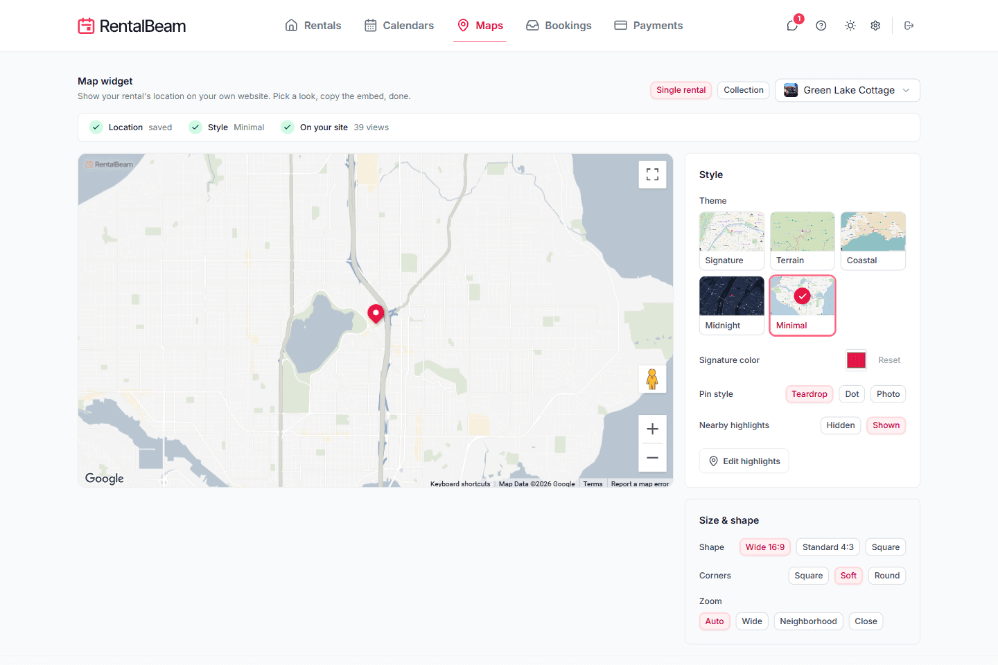 The Maps tab builder showing a live map preview with the ready-made embed code below it, followed by theme, pin style, nearby highlights, and size and shape controls