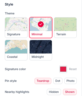 The theme picker showing the five map themes - Signature, Terrain, Coastal, Midnight, and Minimal - with Minimal selected, plus signature color, pin style, and nearby highlights controls