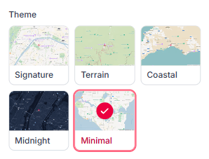 The theme picker showing the five map themes - Signature, Terrain, Coastal, Midnight, and Minimal - with Minimal selected, plus signature color, pin style, and nearby highlights controls