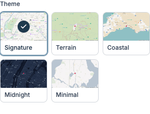 The theme picker showing the five map themes - Signature, Terrain, Coastal, Midnight, and Minimal - with Minimal selected, plus signature color, pin style, and nearby highlights controls