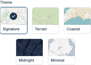 The theme picker showing the five map themes: Signature, Terrain, Coastal, Midnight, and Minimal, with Minimal selected, plus signature color, pin style, and nearby highlights controls