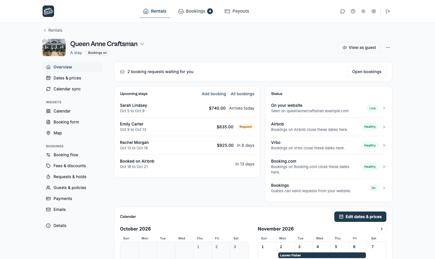 The Overview of a RentalBeam rental: two booking requests waiting, the upcoming stays with their totals, and the status of the website calendar and three synced calendars