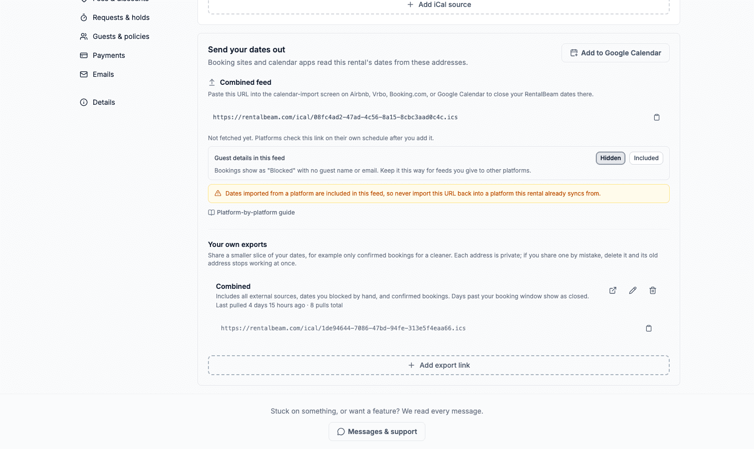 The rental's Booking sites section showing the Combined Feed export URL, its last-pulled line, and the guest details choice