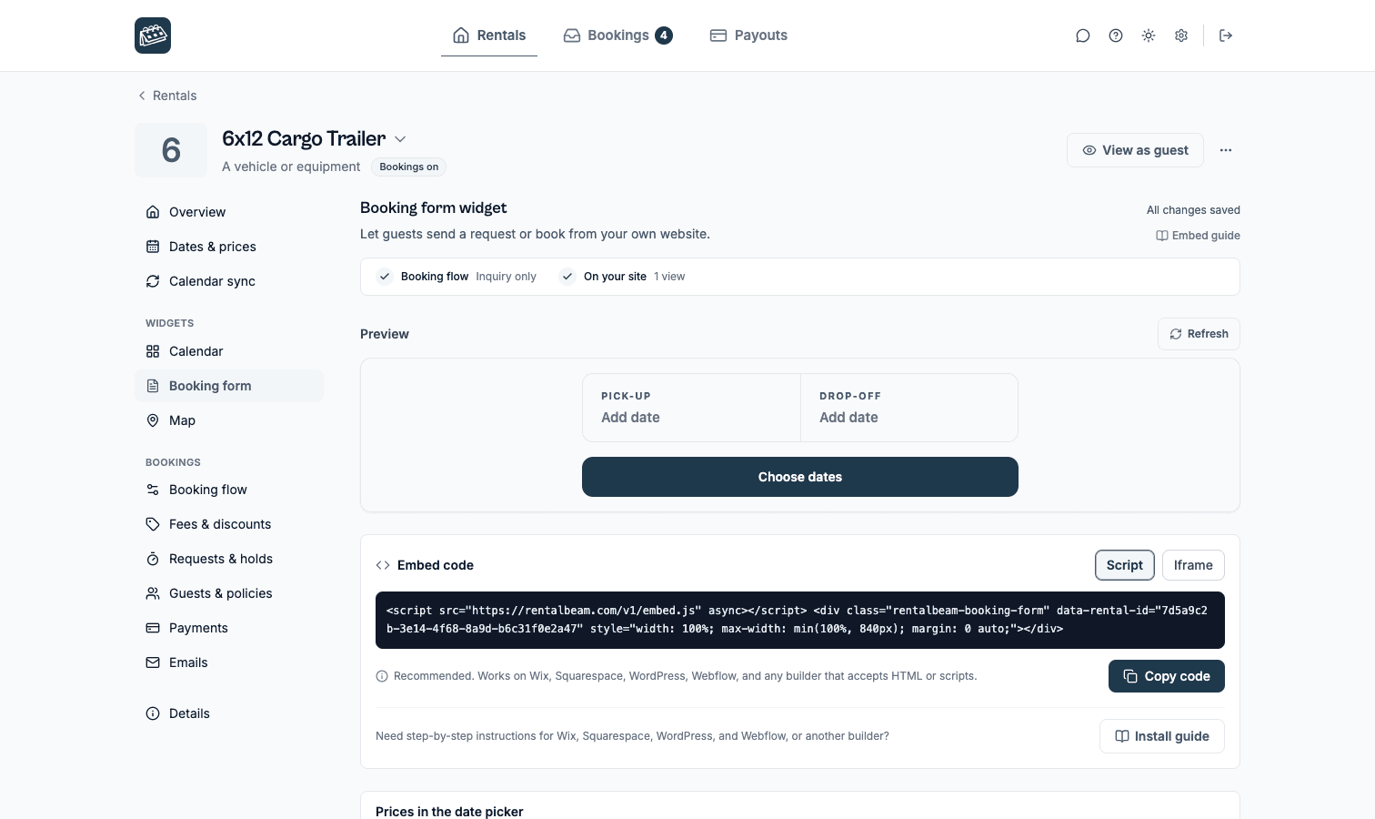 The Booking form widget section for a cargo trailer: the form asks for pick-up and drop-off dates and no guest count, with its embed code beneath